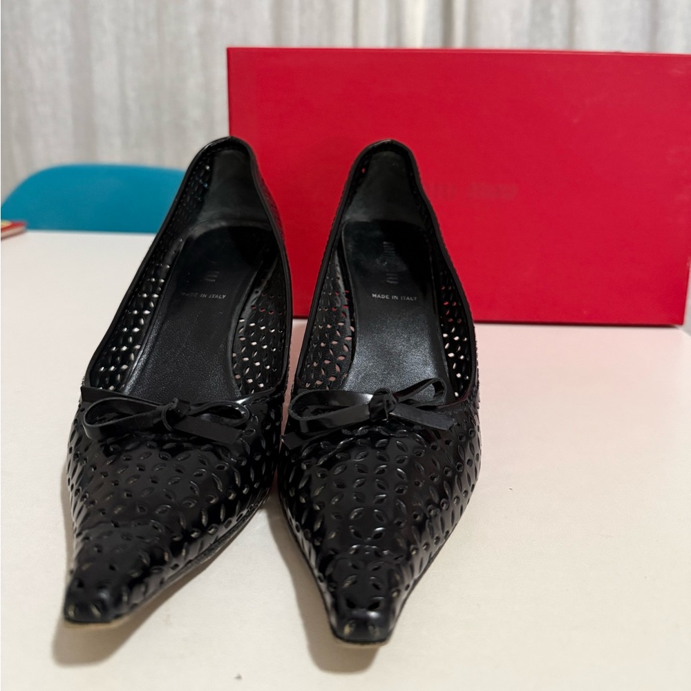 Miu Miu Black Perforated Pointed-Toe heels with Bow